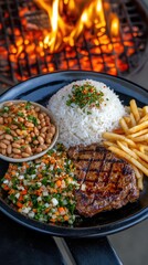 Savor a vibrant plate featuring perfectly grilled steak alongside fluffy rice, savory beans, and crispy fries, embodying Brazilian cuisine