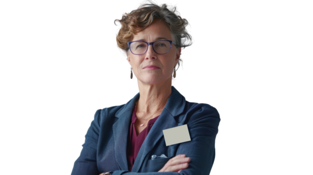 American middle age businesswoman with badge on white background