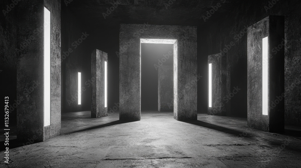 Poster a dimly lit, abstract space featuring multiple pillars with bright vertical lights, creating a myste