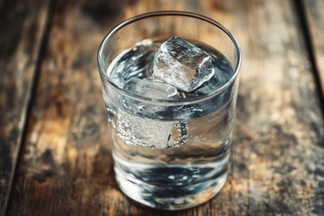 Close-up of ice cubes in glass of water on wooden surface