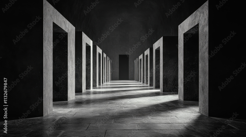 Poster a minimalist corridor with multiple doorways, illuminated by light, creating a dramatic and mysterio