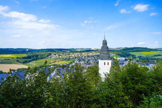 View of Eversberg near Meschede and the surrounding nature. Landscape in the Sauerland.
