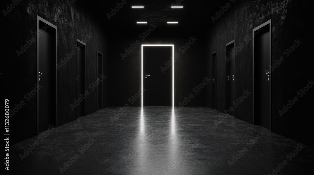 Poster a dark corridor with multiple doors, where one door is illuminated, creating a striking contrast and