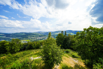 View of Eversberg near Meschede and the surrounding nature. Landscape in the Sauerland.
