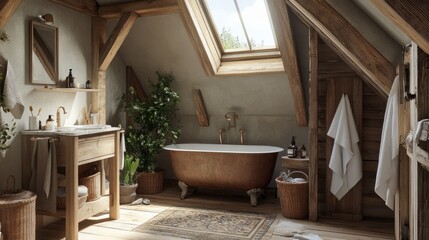 A rustic attic bathroom with exposed wooden beams, a skylight, and earthy decor, creating a cozy and tranquil atmosphere
