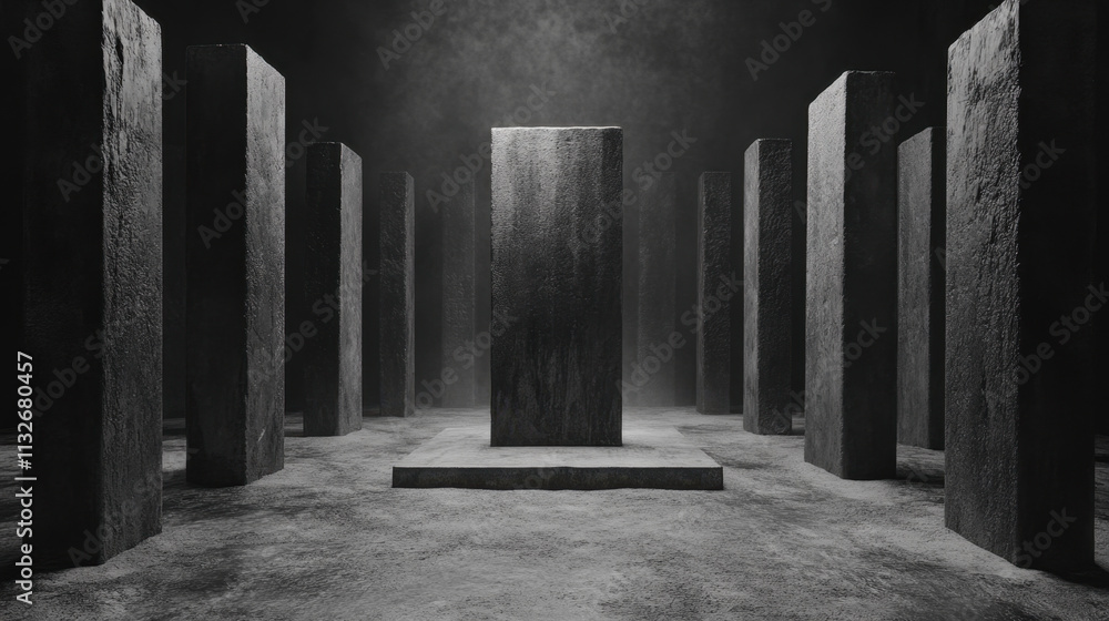 Poster a monochromatic scene featuring a central monolith surrounded by tall pillars, creating a mysterious