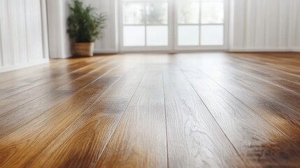 Fototapeta premium Clean wooden floor shining in sunlight in living room