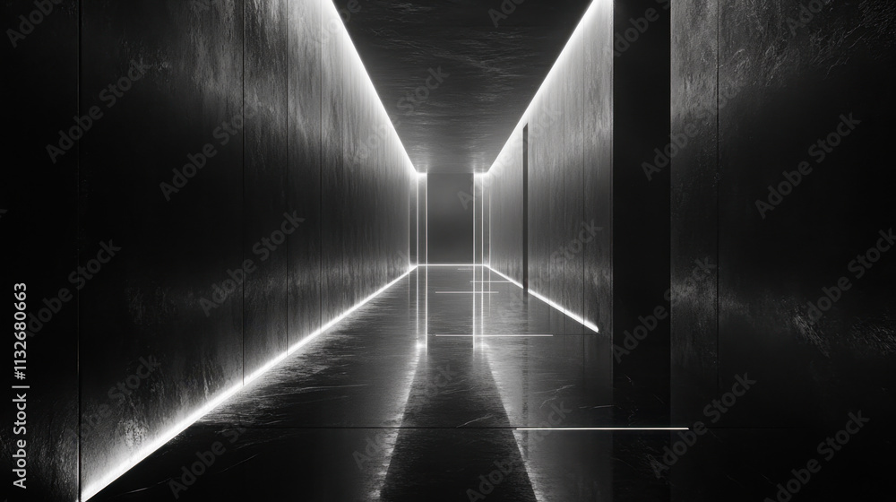 Aufkleber a dark corridor illuminated by sleek lines of light, creating a stark contrast between shadow and br