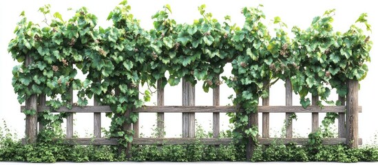 Obraz premium Wooden fence covered with lush green vines and plants.
