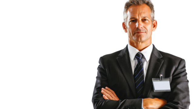 American middle age businessman with badge on white background
