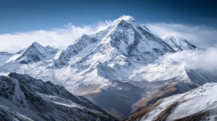 Majestic snow-capped mountain range under a clear blue sky.