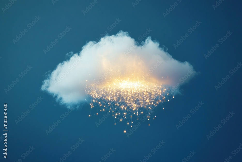 Poster ethereal cloud formation with glowing particles and twinkling lights creating a dreamlike atmosphere