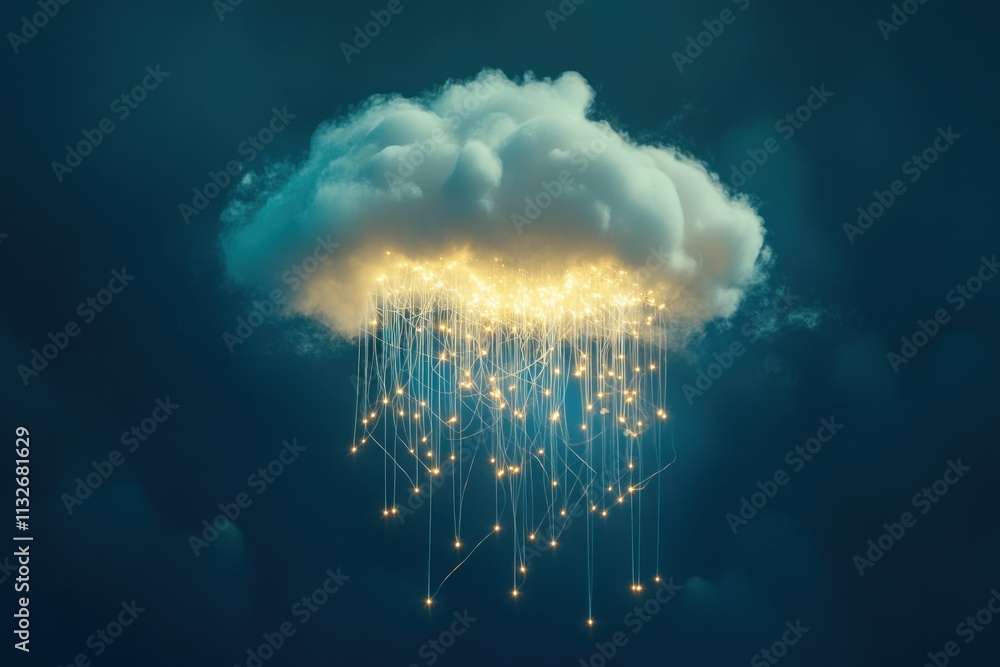 Poster ethereal cloud with glowing rain: a surreal and dreamlike representation of illumination and nature 