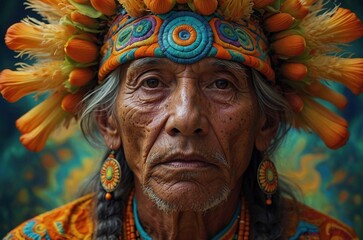 Obraz premium A close up portrait of an old man wearing rainbow colorful feather crown against a vibrant psychedelic trippy background. Shaman spiritual guru illustration concept. 
