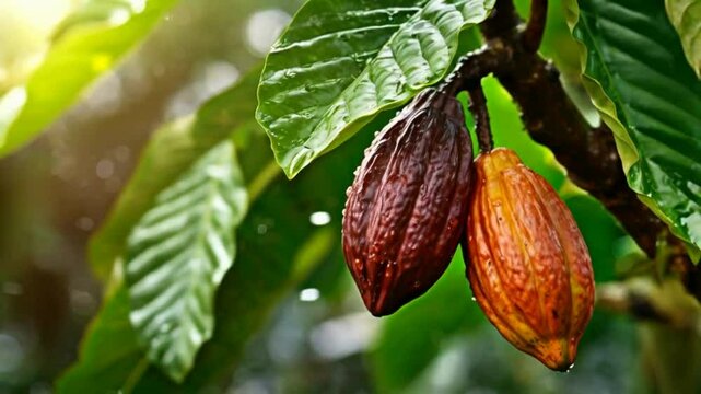 Cocoa pod (fruit) with water drops on tree.