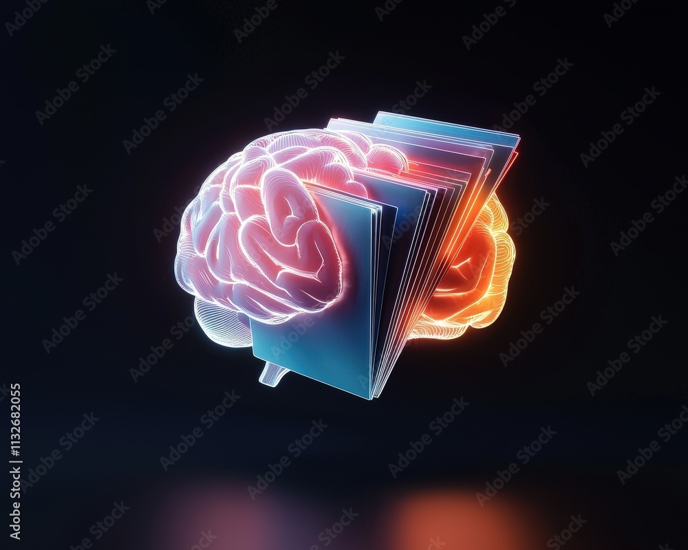 Poster an artistic visual of an ai brain glowing while reading and sorting files.