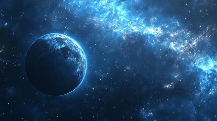 Obraz premium Abstract blue space background with deep cosmic hues, stars, and nebula, creating a serene and vast universe atmosphere
