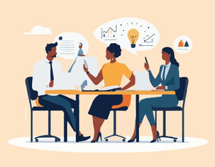 Business Team Brainstorming Concept. Vector illustration in flat style of a group of diverse people sitting at a desk and discussing an idea. Isolated on background