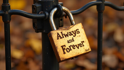 Engraved Love Lock with "Always and Forever" on a Fence in an Autumn Setting