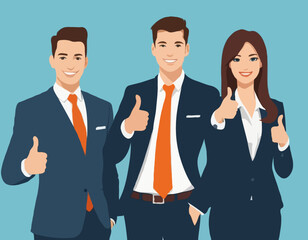 Successful business people. Vector cartoon flat illustration of young smiling man and woman in business suits with thumbs up. Isolated on the background.