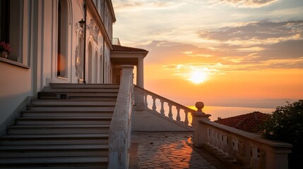 Obraz premium Serene sunset view from a staircase leading to a beautiful architectural structure.