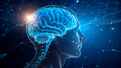 a human head with a grid of brain and the words brain and the brain