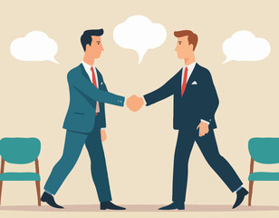 Business Meeting Concept. Vector cartoon full-length illustration in a flat style of business people with two men in suits in the center shaking hands. Isolated on background.
