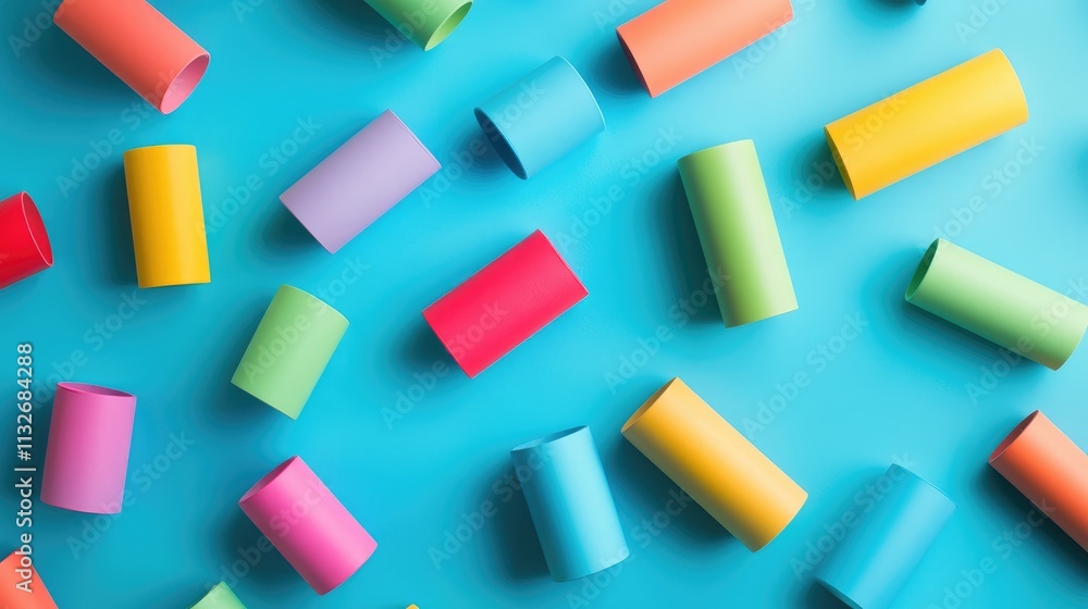 Poster assorted colorful cylinders placed randomly on a vivid turquoise background, creating a playful abst