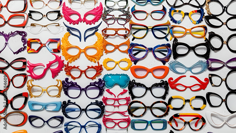 Poster a vibrant vector collection of detailed glasses masks, showcasing bold colors and unique patterns, o