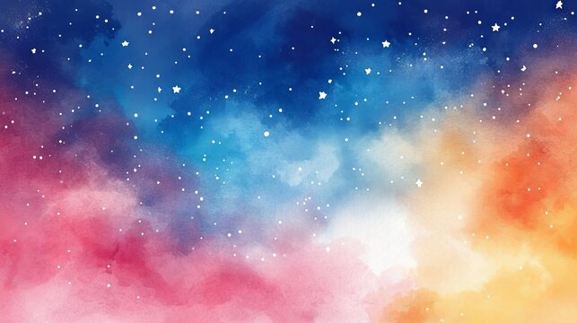 Vibrant cosmic watercolor vector illustration of a colorful space background with stars, nebulas, and galaxies in deep blues, purples, and pinks
