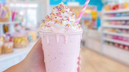 milkshake drink with cBanana punch dripping with pink white straw, Inside a bowl of banna ans ice cream , on the background of a candy store