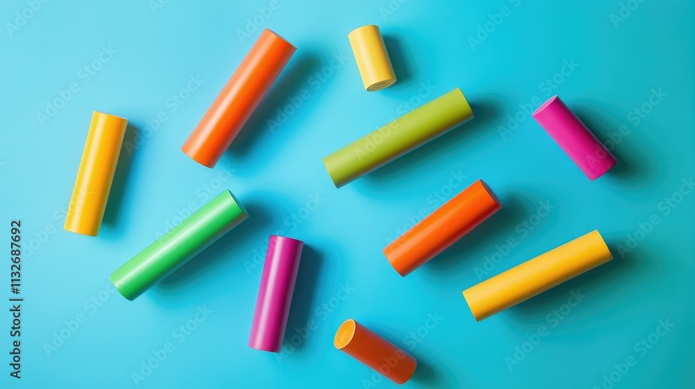 Poster brightly colored cylindrical objects rolling on a smooth turquoise backdrop, emphasizing movement an