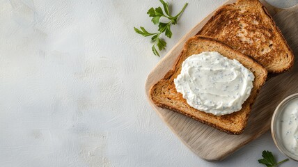 Whole wheat toast with Greek yogurt spread. Crispy toast with delicious spread.