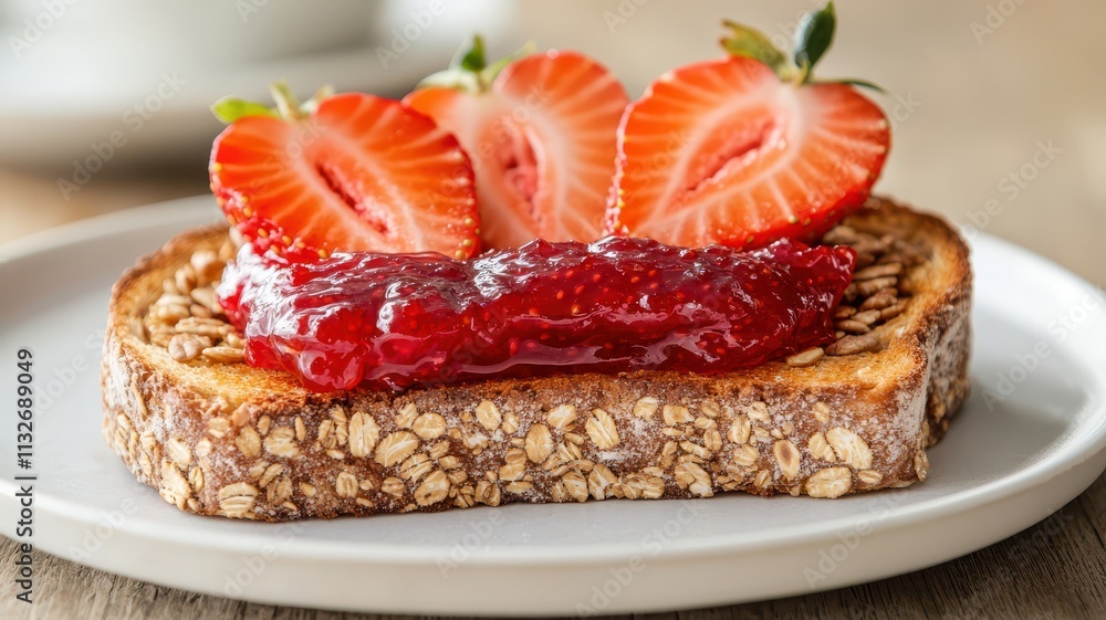 Poster multigrain toast with strawberry jam. crispy toast with delicious spread.