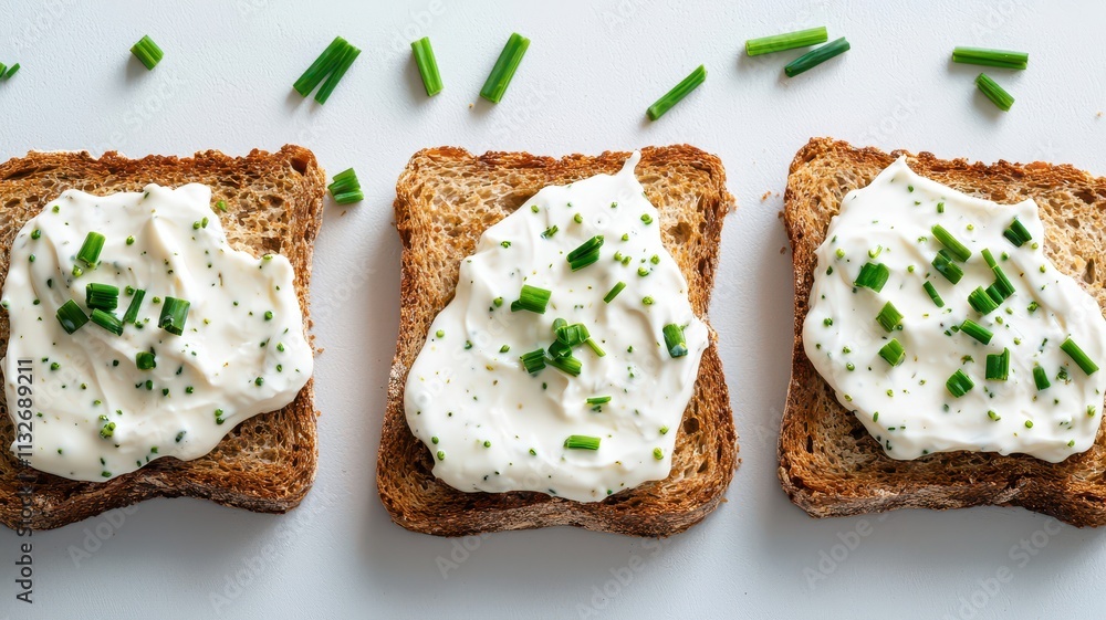 Poster rye toast with sour cream and chive spread. crispy toast with delicious spread.