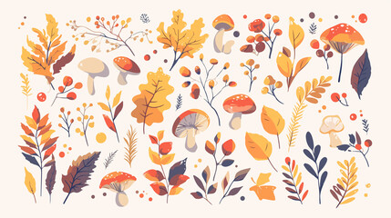 Vibrant Yellow Autumn Forest Foliage with Mushrooms and Berries