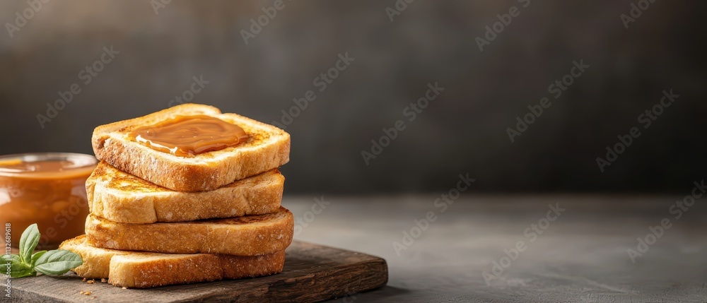 Poster soft sourdough toast with caramel spread. crispy toast with delicious spread.