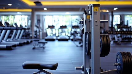 Fototapeta premium A gym interior featuring exercise equipment and a bench for strength training.