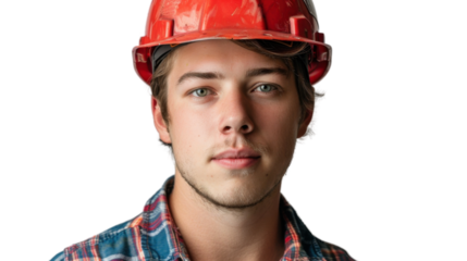American caucasian young male engineer with safety helmet on white background
