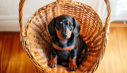 Obraz premium Adorable dachshund puppy looking up in wicker basket on wooden floor, pet adoption ad