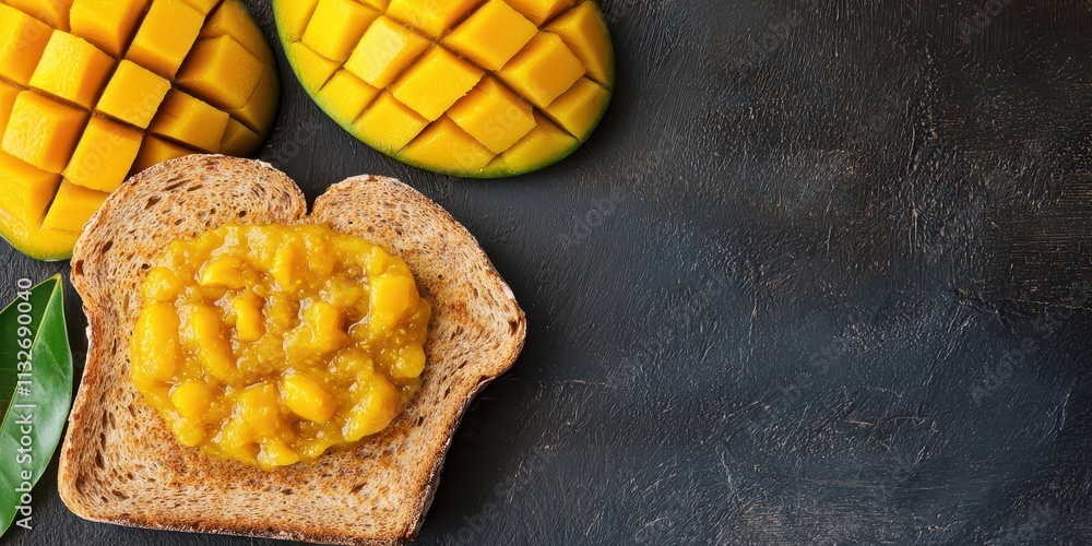 Poster flat lay view of whole wheat toast topped with mango chutney spread. crispy toast with delicious spr