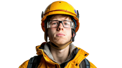 American caucasian young male engineer with safety helmet on white background
