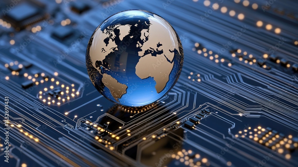 Poster a close-up view features a world globe set on a computer motherboard, emphasizing the blend of techn