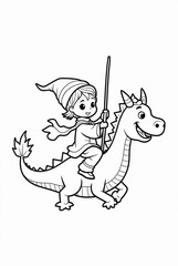 Fototapeta premium Cute Sorcerer Riding a Dragon Coloring Page
