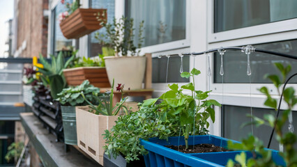 A small urban balcony turned into a thriving garden with hanging planters, potted greenery, and efficient drip irrigation, promoting sustainable practices.