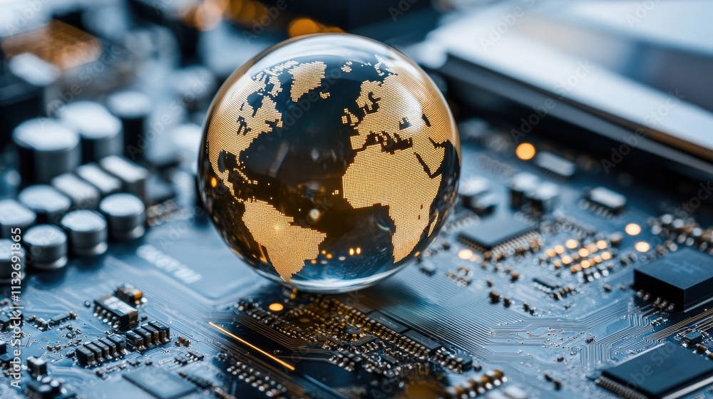 Poster a close-up view features a world globe set on a computer motherboard, emphasizing the blend of techn