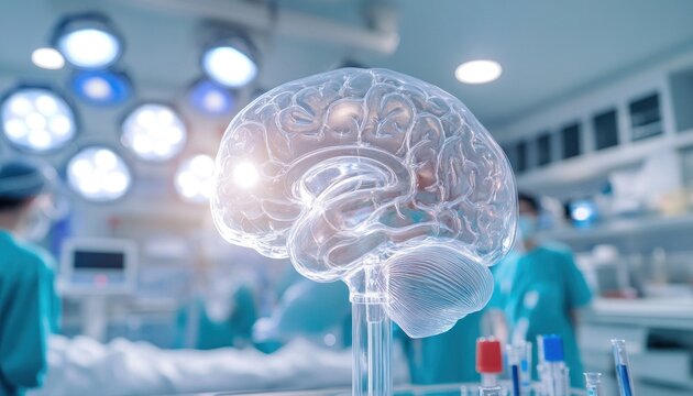 Transparent plastic brain model standing in operating room during brain surgery