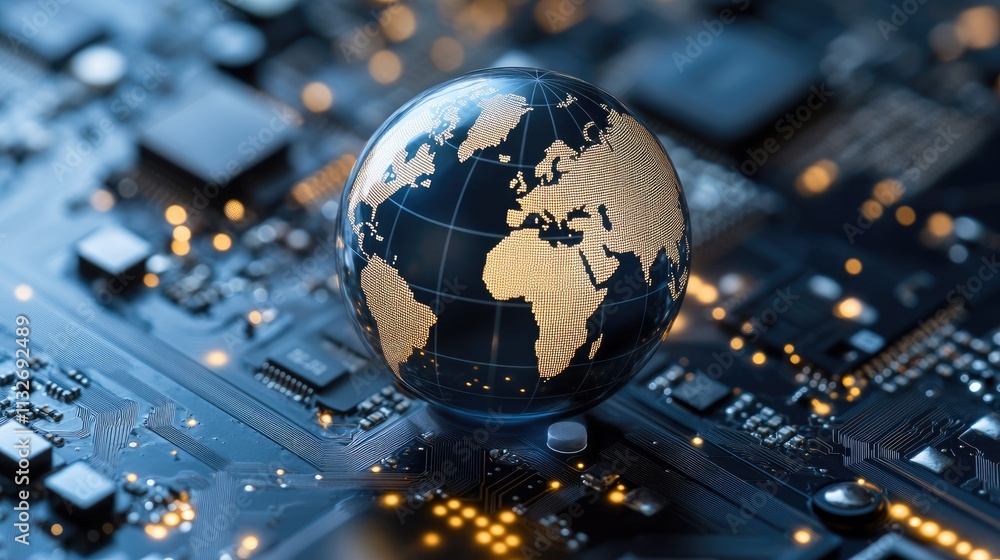 Poster a close-up view features a world globe set on a computer motherboard, emphasizing the blend of techn