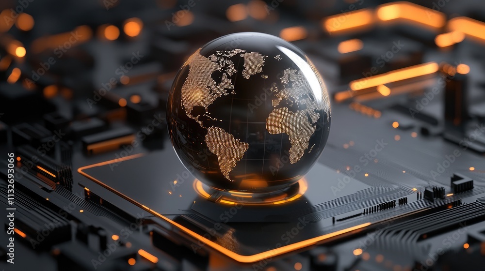 Poster a close-up view features a world globe set on a computer motherboard, emphasizing the blend of techn