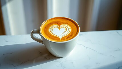 Aromatic Latte Art Heart-Shaped Cappuccino in a White Mug on a Marble Surface